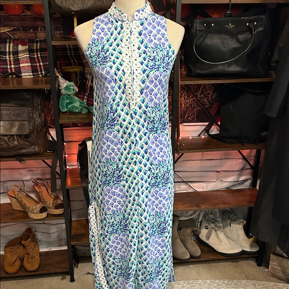 Lilly Pulitzer Blue and White Patterned Maxi Dress